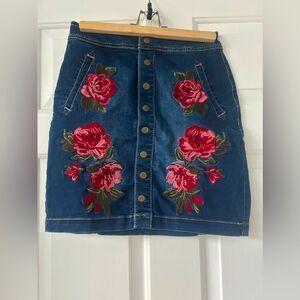 Inc Denim Skirt Red Embroidered Roses Fall